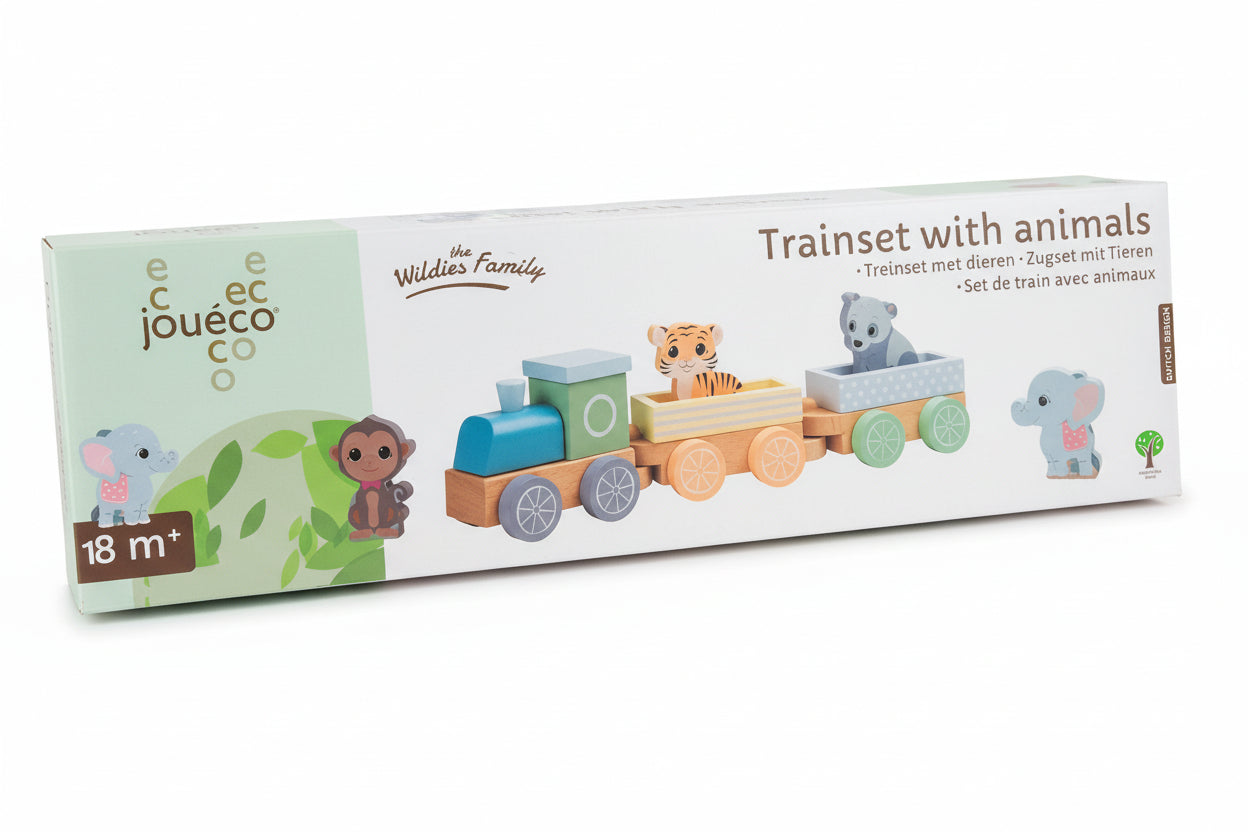 Wooden Animal Train Set Toddler Pull Toy with 4 Animals and 2 Cars