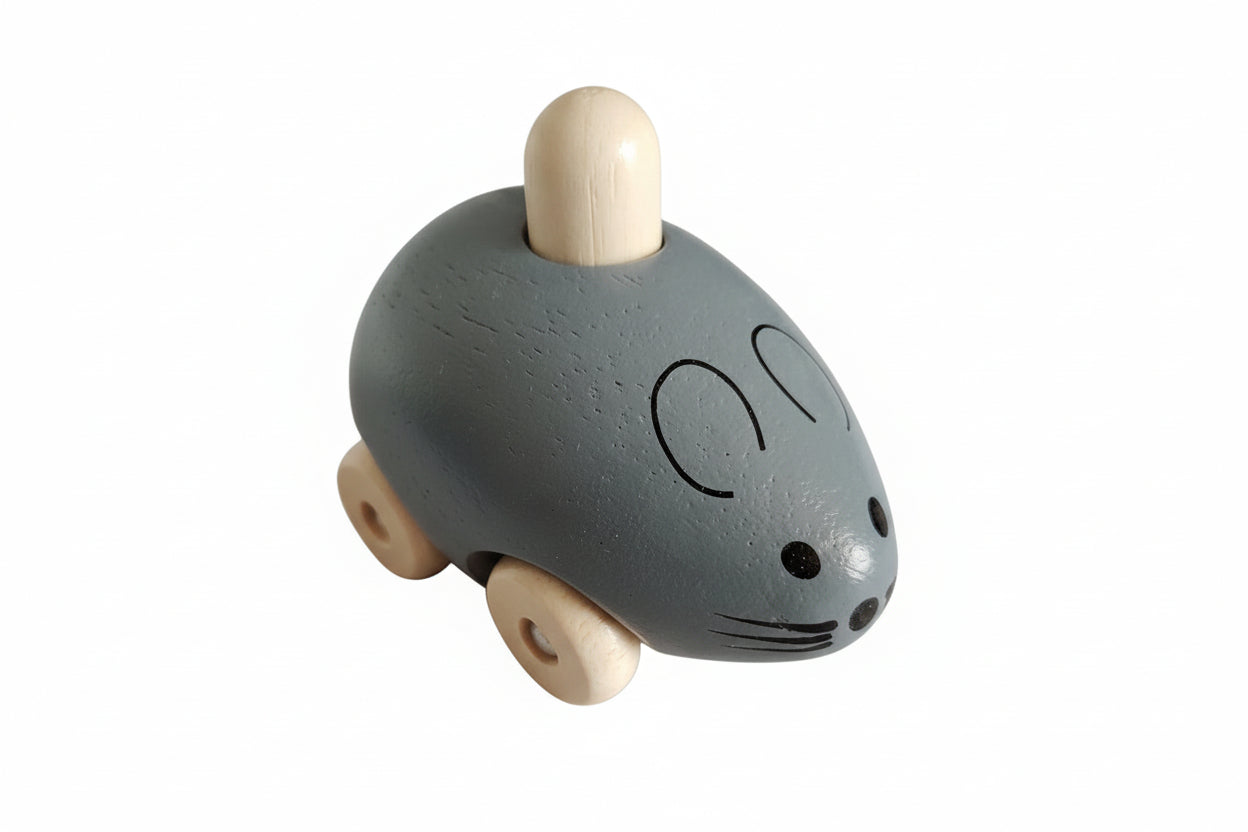 Wooden Squeaky Mouse Toy on Wheels For Toddlers
