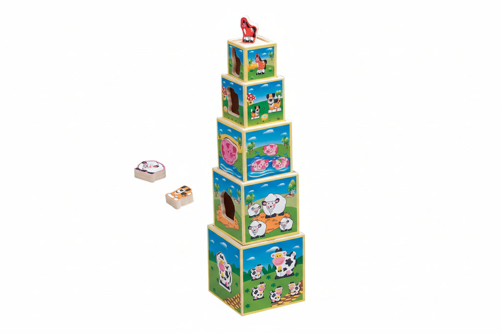 Wooden Animal Sorting Block Tower Stacking Toy for Toddlers and Preschoolers