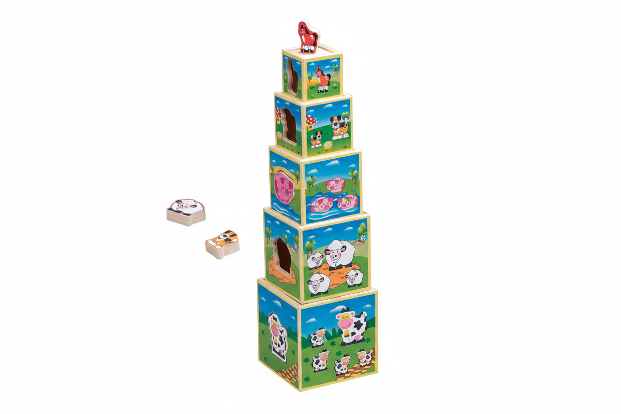 Wooden Animal Sorting Block Tower Stacking Toy for Toddlers and Preschoolers