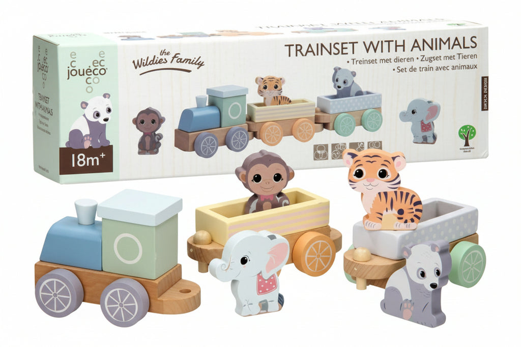 Wooden Animal Train Set Toddler Pull Toy with 4 Animals and 2 Cars