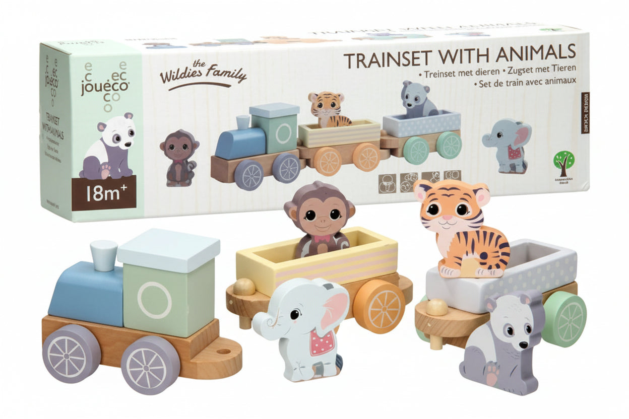 Wooden Animal Train Set Toddler Pull Toy with 4 Animals and 2 Cars