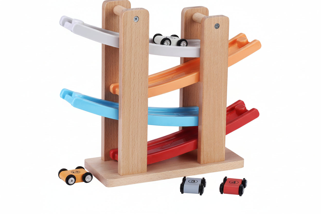 Wooden Car Ramp Toy with 4 Cars | Race Track for Toddlers