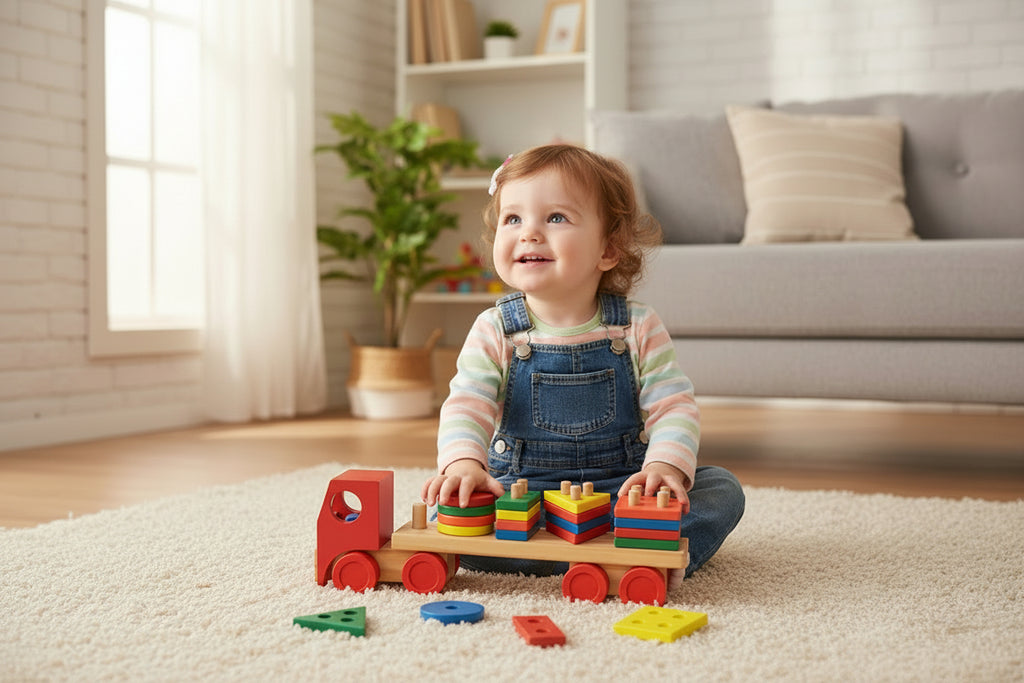 Colorful wooden toy truck with geometric shape blocks