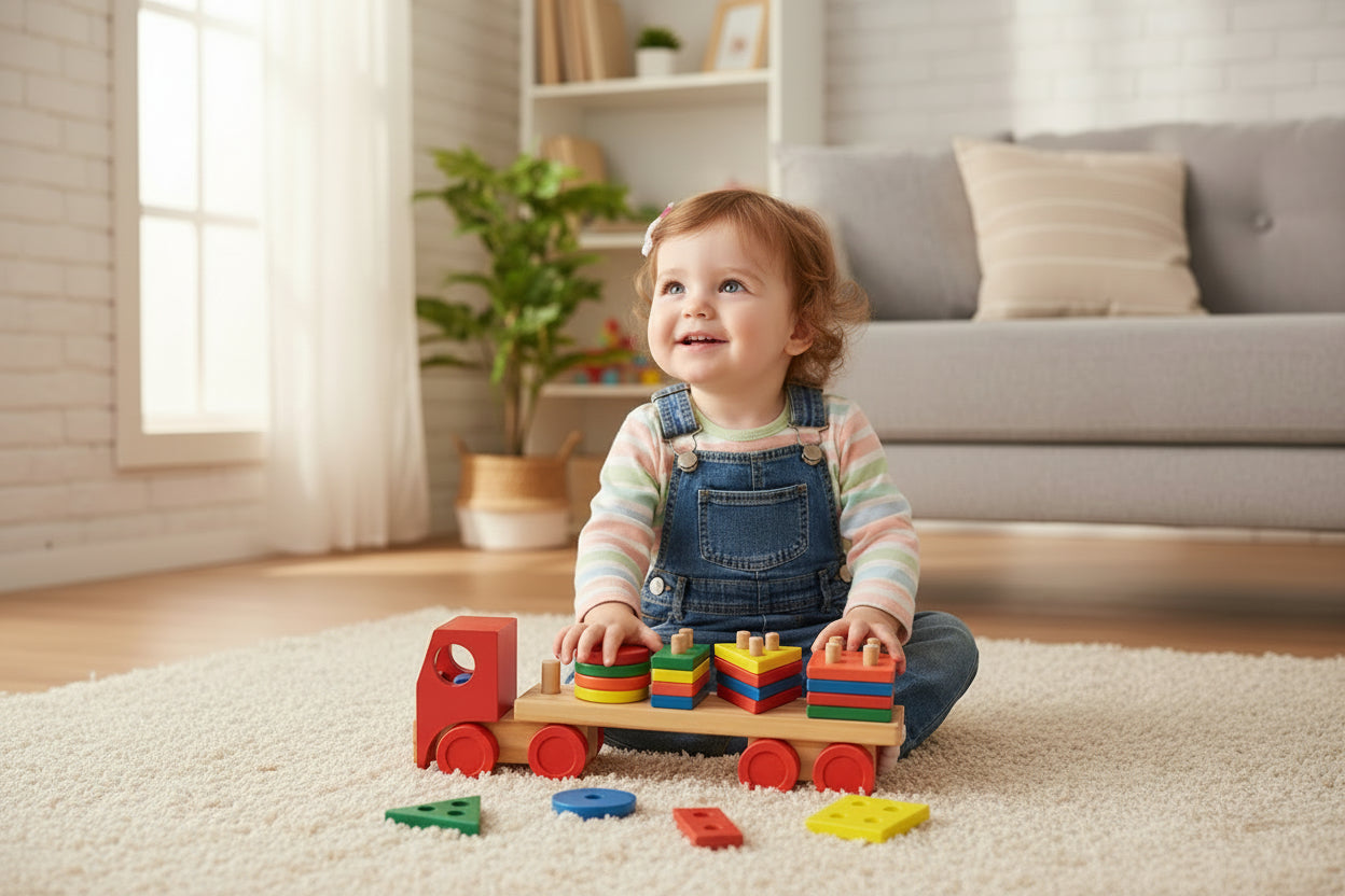 Colorful wooden toy truck with geometric shape blocks